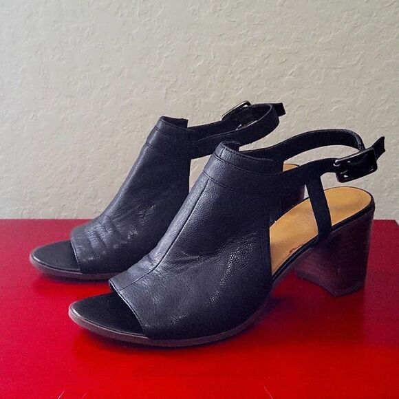 Franco Sarto Open Toe Mandi Block Heels Black Leather Shoes Women's 9.5 M - Picture 5 of 16